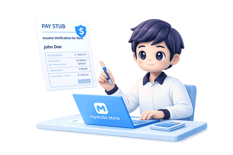 Artwork of a person holding a professional paystub